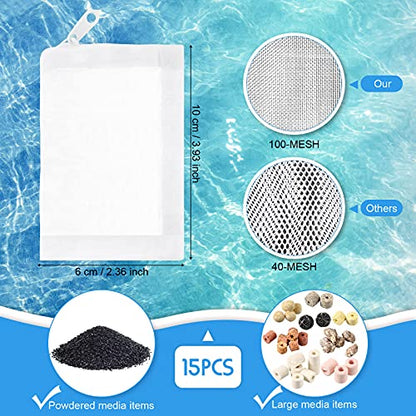 15 Pcs Aquarium Filter Media Bags 150 Micrometer Fine Filter Bags Mesh Reusable with Zipper for Activated Carbon Resins (2.4 x 4 Inch)