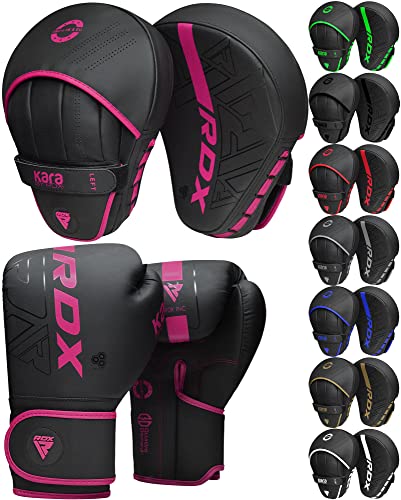 RDX Kids Boxing Pads and Gloves Set, Maya Hide Leather Kara Junior Hook and Jab Curved Focus Mitts Punching Gloves for MMA - color: PINK
