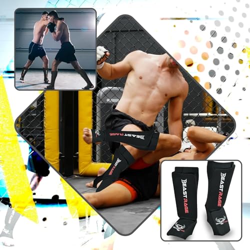 BEAST RAGE Shin Guards for Muay Thai, Kickboxing, MMA Leg Guards Martial Arts Taekwondo, Boxing, Elasticated Sock Padded Leg Instep Pads, Shin Pads,Sparring Training, Karate BJJ - color: BLACK RED, size: Medium