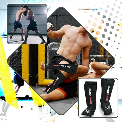 BEAST RAGE Shin Guards for Muay Thai, Kickboxing, MMA Leg Guards Martial Arts Taekwondo, Boxing, Elasticated Sock Padded Leg Instep Pads, Shin Pads,Sparring Training, Karate BJJ - color: BLACK RED, size: Medium