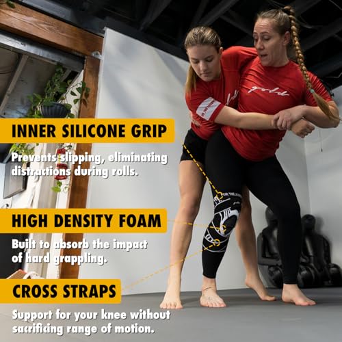 Gold BJJ Knee Brace for Jiu Jitsu - Compression Sleeve with Patella Support and Side Stabilizers (Large) - size: Large