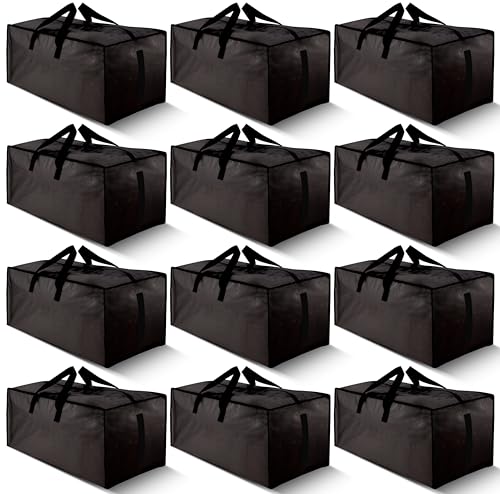 12 Pack Large Strong Moving Bags with Zippers & Carrying Handles - Water-Resistant - Heavy Duty Storage Tote for Space Saving Moving Storage, Fold Flat, Alternative to Moving Box (Black)