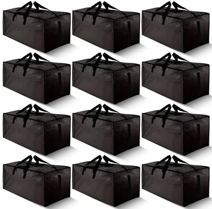12 Pack Large Strong Moving Bags with Zippers & Carrying Handles - Water-Resistant - Heavy Duty Storage Tote for Space Saving Moving Storage, Fold Flat, Alternative to Moving Box (Black)