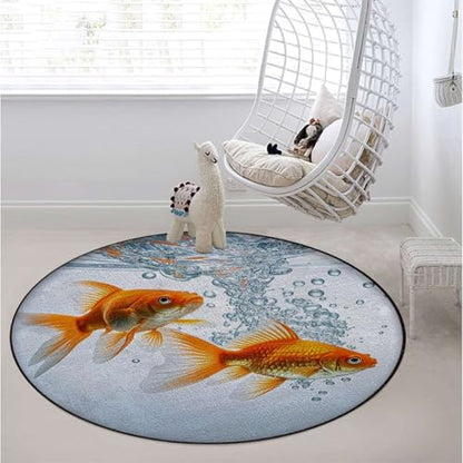 Aquarium Round Area Chair Mat for Hardwood Floors, Golden Carp Swivel Chair Protector, Protect The Floor from Scratches, Orange Gold White Diameter 43.3 in