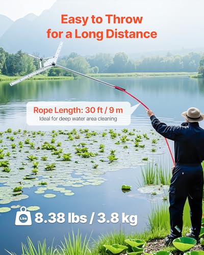 VEVOR Lake Weed Cutter, Pond Aquatic Plant Cutting Tool with 48 in Max. Cut Width, Sharp and Heavy-Duty Steel Blades, Pond Rake with 30 ft Throw Rope, for Cattail, Phragmites, Lilly Pads & Chara