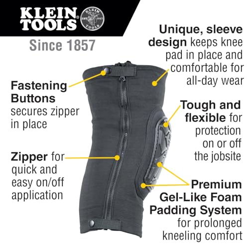 Klein Tools 60630 Tough-Flex Knee Sleeves for Work, Construction, Low-Profile Sleeve with Zipper, Gel-Like Foam, Black, L/XL - size: L/XL