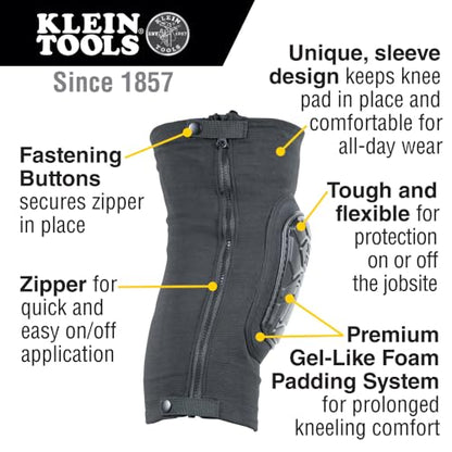 Klein Tools 60630 Tough-Flex Knee Sleeves for Work, Construction, Low-Profile Sleeve with Zipper, Gel-Like Foam, Black, L/XL - size: L/XL