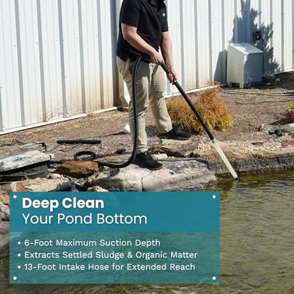 CleanSweep 1400 Pond Vacuum with a 13' Intake Suction Hose, 4 Extension Tubes, 3 Vacuum Nozzles, a 6.5 Foot Output Hose, and a Debris Collection Bag | 13 ft intake hose, 6.5 ft output hose, 4 extension tubes, 3 nozzles, Debris collection bag