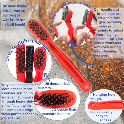 GOLDEN SMILE 3-Pack 7" Stainless Steel Wire Brush Set - 40% Denser Ultra-Stiff Bristles, Heavy-Duty for Grill Grates, Uncoated Pans, Rust Removal & Deburring