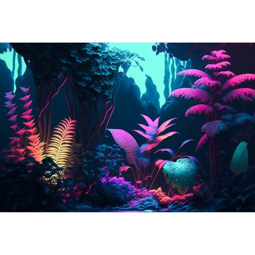 Jungle Aquarium Background Dense Jungle Leaves Pastel Colors Fish Tank Background Fantasy Neon Light Tropical Leaf Reptile Tank Backgrounds Abstract Clear Pastel Jungles Tank Backgrounds 36x18in - color: Purple_Blue, size: 36(W)x18(H)inches/ 90(W)*45cm(H)