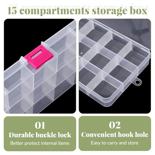 2Pcs Bead Organizer Box, Mini Clear Plastic Storage Box with Removable Divider for Beads Jewelry Rhinestone Small Parts Hair Stuff Accessory DIY Supply (15 Grids)