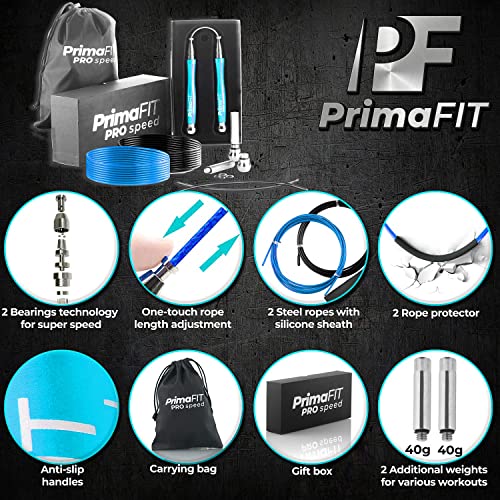 PrimaFIT Pro Speed Jump Rope for Adults, Weighted Skipping Rope for Boxing - color: Light Blue