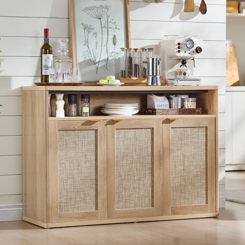 LEYAOYAO Rattan Sideboard Buffet Cabinet,45" Coffee Bar Cabinet with 3 Doors & Open Storage Shelf,Modern Credenza Console Table for Living Room Rattan Farmhouse entryway Natural - color: Natural Oak, size: 15.35"D x 45.30"W x 31.89"H（3 doors）, style: Farm