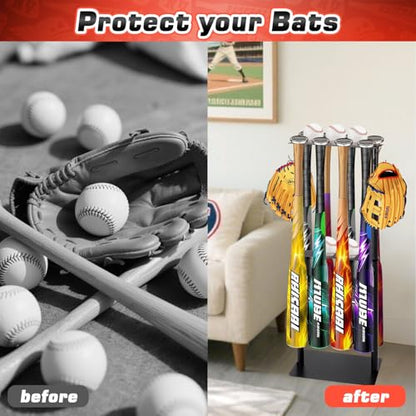 Baseball Bat Holder Stand, Free Standing Bat Rack Holds 8 Bats & 5 Balls | Sturdy metal rack, free standing design, holds 8 bats and 5 balls, 4 glove hooks, no drill storage for home and dugout
