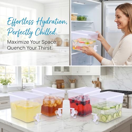 4 Pack 1.3 Gallon Drink Dispenser with Spigot for Fridge, Leakproof Plastic Water Container Fridge Beverage Dispenser Ice Juice Dispenser with Spigot for Home Party Restaurant Bar Buffet