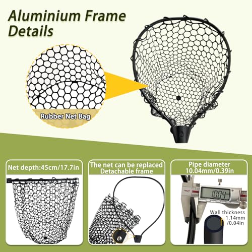 Telescoping Metal Lock Fishing Net with Handle Red Green 64" 52" Rubber Fish Net - Adjustable Length Lightweight Foldable Large Big Collapsible Extendable Fishing Net - color: black with green handle(3-section pole)