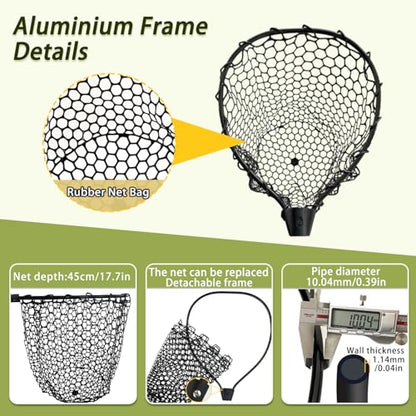 Telescoping Metal Lock Fishing Net with Handle Red Green 64" 52" Rubber Fish Net - Adjustable Length Lightweight Foldable Large Big Collapsible Extendable Fishing Net - color: black with green handle(3-section pole)