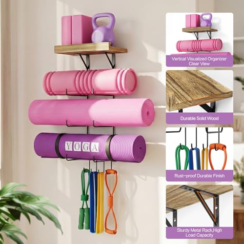 Bikoney Yoga Mat Holder Wall Mount Yoga Mat Storage Home Gym Accessories with Wood Floating Shelves and 4 Hooks for Hanging Foam Roller and Resistance Bands Fitness Home Gym Carbonized Black - color: Carbonized Black