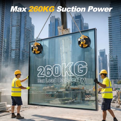 Suction Cups for Glass, 8" Tile Suction Cup Tool, 260KG Max Load, Pressure Gauge, Towel & Gloves, Heavy-Duty Vacuum Lifter for Window, Windshield, Marble, Granite and Metal (2-Pack)