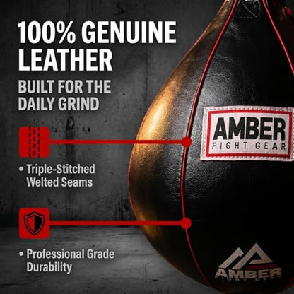 Amber Fight Gear Leather Boxing Punching Speed Bag | Genuine leather shell, welted triple-stitched seams, latex inner bladder, black finish, 4 size options from XS to Large - size: Small (6"x9")