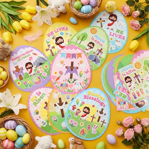 Frienda 48 Sets Easter Religious Crafts for Kids Make an Easter He is Risen Egg Sticker Scenes Resurrection Crafts Stickers for Christian Bible Sunday School Party Favors - style: Easter