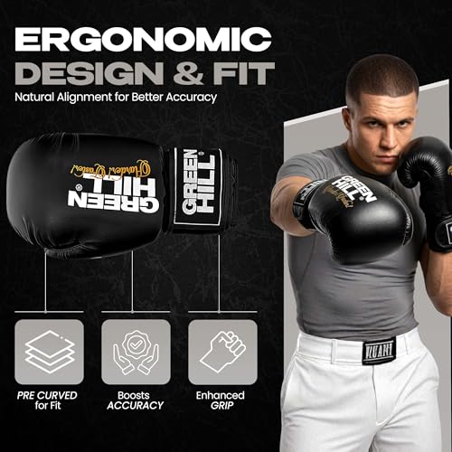 Green Hill Leather Boxing Gloves for Men & Women, Training Gloves - color: Black, size: 10 OZ