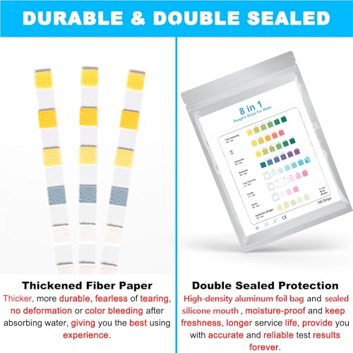 8 in 1 Aquarium Test Kit Fish Tank Test Strips Accurate Water Quality Testing Strips for Ammonia PH Total Alkalinity Carbonate Hardness Free Chlorine Nitrate Nitrite Temperature (100 Strips)