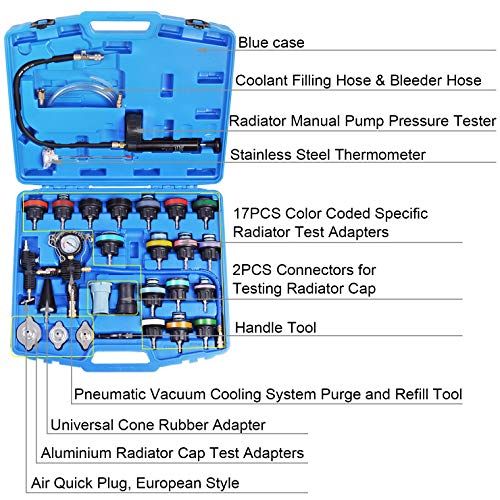 Radiator Pressure Tester Pneumatic Vacuum Cooling System Purge Refill Kit 28PCS Universal Automotive Water Tank Leak Test and Coolant Fill Tool Set with Adapters Gauge Case