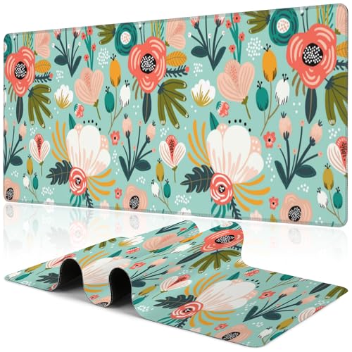 Colorful Flowers and Berries Desk Mat,Large Beautiful Floral Branches Gaming Keyboard Mouse Pad,Non-Slip Rubber Base Desk Pad Thick Stitched Edges Waterproof Mousepad Mouse Mat 31.5"x11.8" - color: Colorful Flowers and Berries