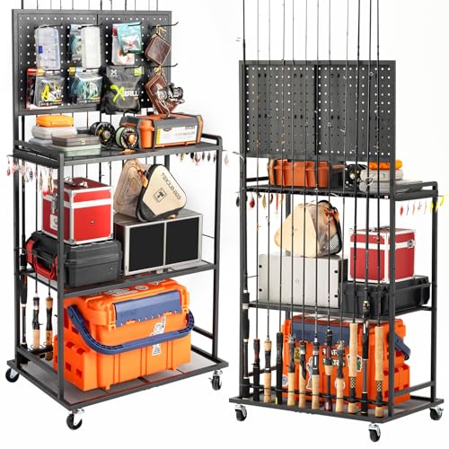Large Size Fishing Rod Holders for Garage, 3-Tier Fishing Pole Rack with Pegboard and Hooks, Fishing Gear Tackle Box Organizer Up to 12 Rods, Rolling Fishing Storage Cart with Lockable Wheels