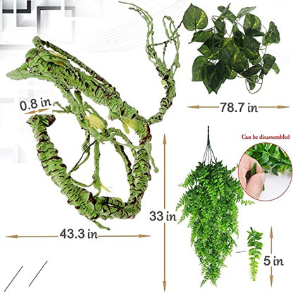 Reptile Plants Bendable Jungle Climbing Vine Terrarium Branch Flexible Plastic Leaves Hanging Pet Habitat Decoration for Bearded Dragon Lizard Gecko Frog Snake Tank Accessories Decor