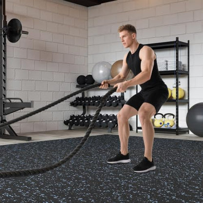 Giantex 24-Pack Interlocking Rubber Gym Floor Mats, 0.55' Thick 24''x24'' Puzzle Tiles with Border Strips, 96 sq.ft Anti-Slip, Noise-Reducing Flooring for Home Workout Exercise (Black/Blue Speckled) - size: 0.55'' | 24 Tiles | 96 Sq Ft