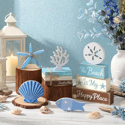 11 Pcs Beach Table Decorations Set Ocean Tiered Tray Decor Summer Wood Block Sign Gift the Beach Is My Happy Place Starfish Seashell Coastal Centerpiece Summer Party Supplies Shelf - style: Beach