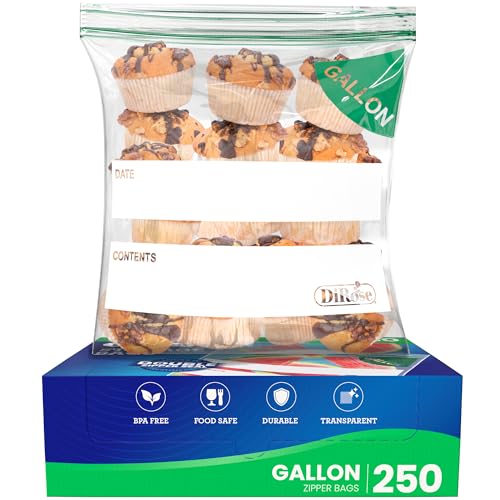 DiRose Gallon Bags Pack of 250 – 1 Gallon Reclosable Storage Bags – Practical and Durable Design – Food Safe Non-BPA Material – Easy Zip Closure – Ideal for Food, Snacks, Dog Treats, Organizing