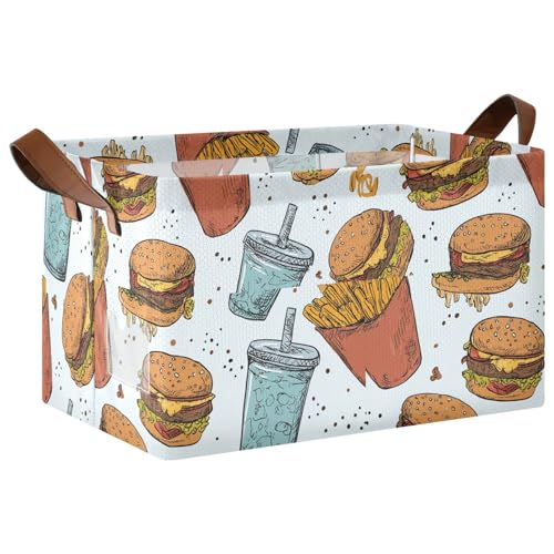 Ollabaky Collapsible Rectangular Closet Storage Bin Retro French Fries Drink and Hamburgers Shelf Basket Box with Leather Handles - Storage Cube, Nursery Storage, Laundry Hamper
