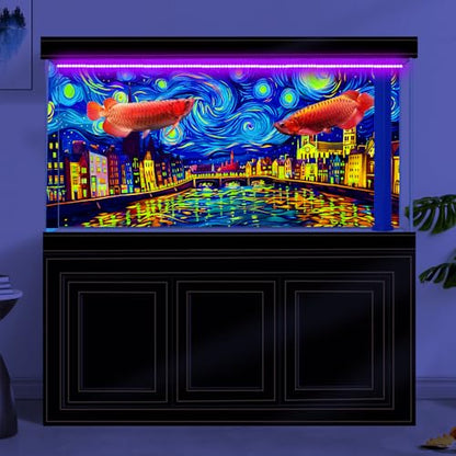 48X20IN Blacklight Vincent Van Gogh Black Light Aquarium Background, UV Fish Tank Background Art Oil Painting Terrarium Background with 10 EVA Double-Sided Tape - size: 48X20in/120X50cm