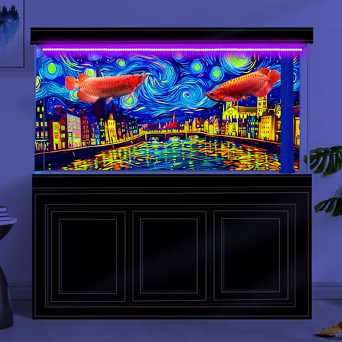 72X16IN Blacklight Vincent Van Gogh Black Light Aquarium Background, UV Fish Tank Background Art Oil Painting Terrarium Background with 10 EVA Double-Sided Tape - size: 72X16in/180X40cm
