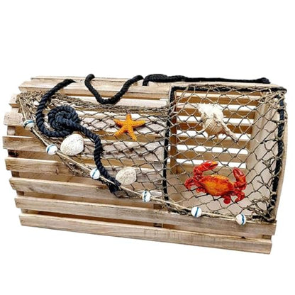 Decorative Lobster Trap Nautical Coastal Decor – Distressed Wood with Fishnet, Seashells, Crab & Starfish Accents – Perfect Beach House, Boat Decoration – Unique Ocean-Themed Gift for Sea Lovers