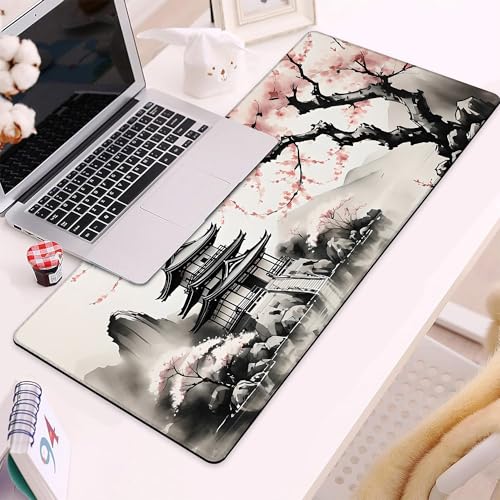 Desk Mat, Watercolor Cherry Blossom and Temple Large Extended Gaming Mouse Pad,Waterproof Non-Slip Rubber Base and Stitched Edges Desk Pad for Work Game Office Home 35.4x15.7in - color: Colour8