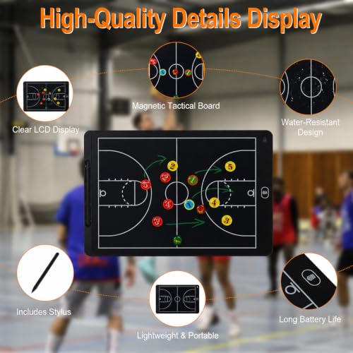Electronic LCD Basketball Coaching Board, 15" Magnetic Strategy Board | Magnetic Player Pieces, Quick Erase LCD Screen, Dual-Sided Board for Basketball Strategy, Plays and Coaching