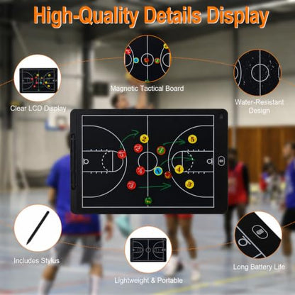 Electronic LCD Basketball Coaching Board, 15" Magnetic Strategy Board | Magnetic Player Pieces, Quick Erase LCD Screen, Dual-Sided Board for Basketball Strategy, Plays and Coaching