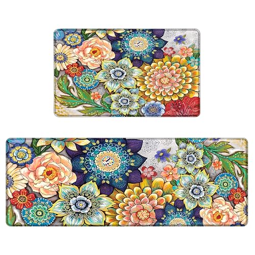 Boho Floral Kitchen Rugs Mats for Floor 2 Piece Memory Foam Padded Kitchen Mats Anti Fatigue Non Slip Cushioned Comfort Standing Mat, 17.3x28+17.3x47 Inch