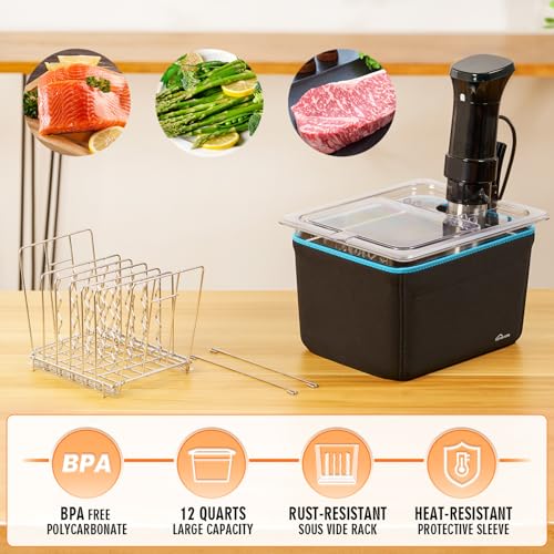 Sous Vide Container 12 Quart with Universal Collapsible Hinged Lid,Complete Sous Vide Accessories Kit BPA Free,Compatible with Anova and Most Sous Vide Cookers（With Rack and Sleeve）