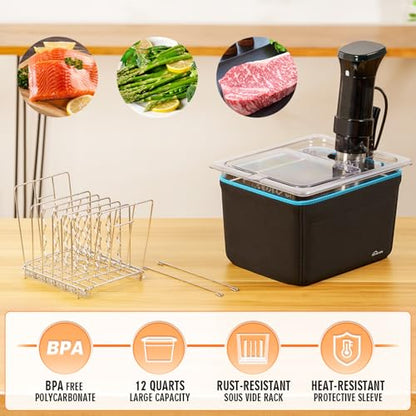 Sous Vide Container 12 Quart with Universal Collapsible Hinged Lid,Complete Sous Vide Accessories Kit BPA Free,Compatible with Anova and Most Sous Vide Cookers（With Rack and Sleeve）