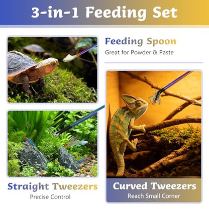 3 PCS Extra Long Reptile Feeding Tongs and Spoon Set Stainless Steel Reptile Tweezers for Aquarium with Rubber Tip Straight and Curved Terrarium Feeder Tools for Bearded Dragon Lizards