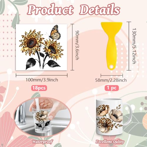 Peacoblue 18 Sheets Rub on Transfers for Crafts, Leopard Print Flower 3.6"x3.9" UV DTF Cup Wraps Waterproof Rub on Cold Transfers Stickers for Wood Glass Metal Cup Tumblers Mirrors Mugs Home Decor - style: Leopard Print Flower