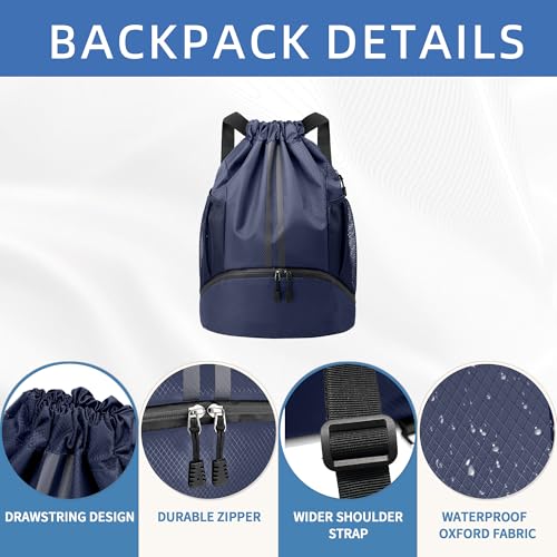 JELUTAR Drawstring Backpack Gym Bag with Shoes Pocket, Navy Blue - color: Navy Blue, size: Medium