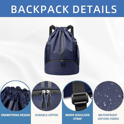 JELUTAR Drawstring Backpack Gym Bag with Shoes Pocket, Navy Blue - color: Navy Blue, size: Medium