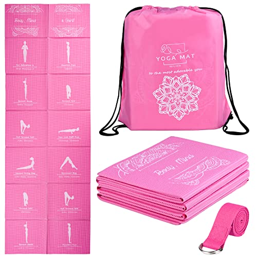 Foldable Yoga Mat for Women, Non Slip Exercise Mat for Home Gym, 5mm Travel Yoga Mats Set With Stretch Strap for Yoga Pilates and Fitness, 68"L x 24"W x 0.2 Inch Thick - color: Pink