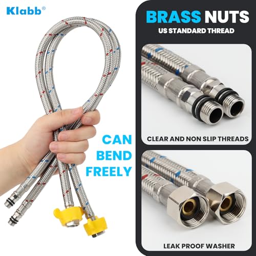 Klabb 32-Inch Stainless Steel Braided Faucet Supply Line, 3/8" Compression x M10 Faucet Connector, Includes 1/2" FIP Adapters, SS304 Flexible Water Hose for Bathroom & Kitchen Sink Faucets
